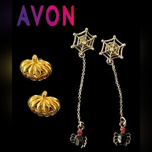 AVON Spider Web/Spider Silvertone Dangle & Pumpkin Gold Post Earrings Vintage